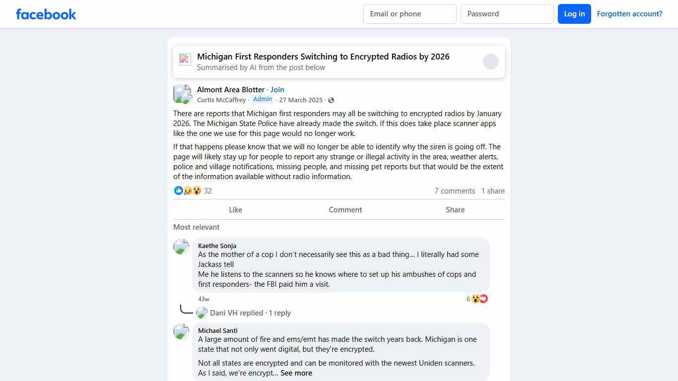 Almont Area Blotter There are reports that Michigan first responders may all be switching to encrypted radios by January 2026 Facebook